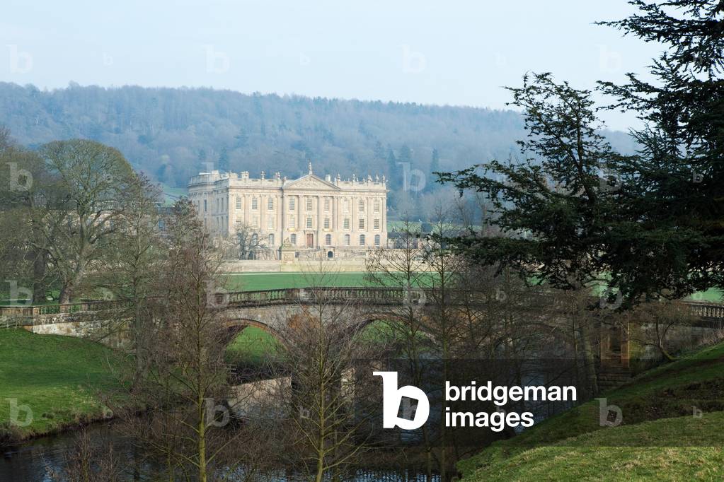 Chatsworth House from the west over the River Derwent, Derbyshire (photo)