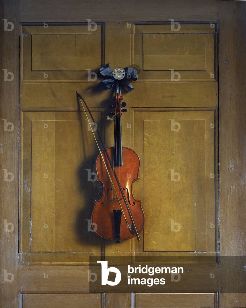Violin and bow hanging on a door (oil on canvas laid on wood panel)