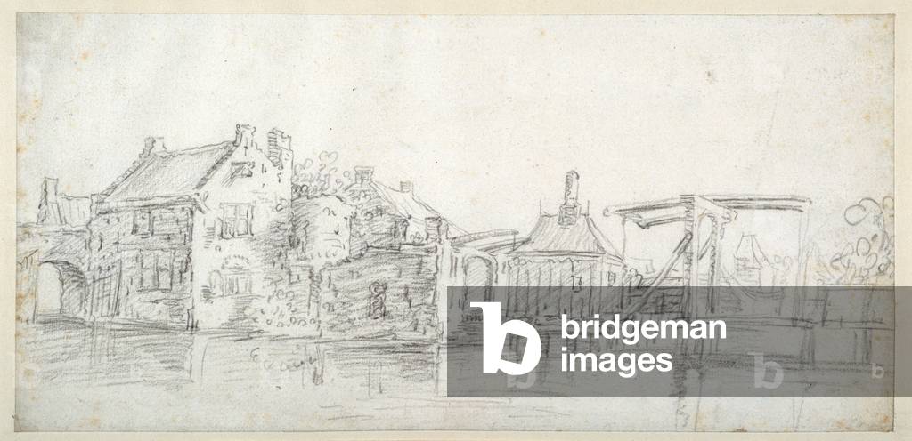 A canal with buildings, including a toll house and a toll bridge, c.1650 (black chalk on white paper)