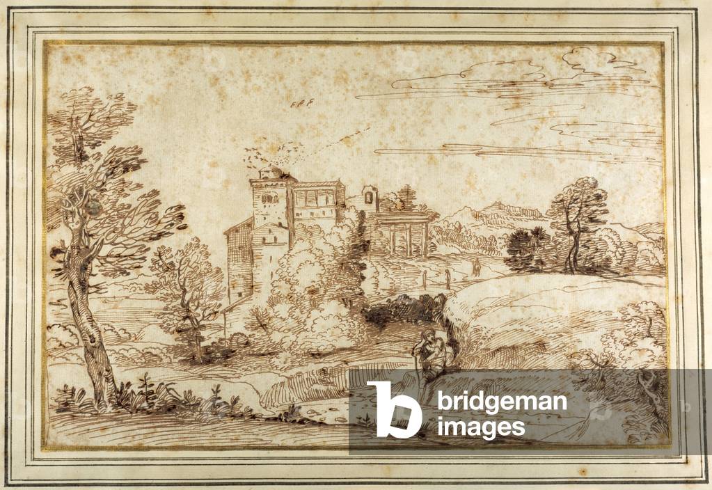 Paesaggio con un castello e le rovine di un classico portico (penna & inchiostro marrone su carta)