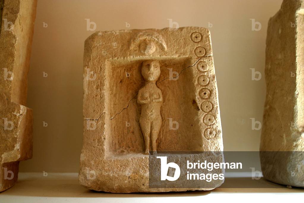 Phenician art: funerary stele with embossed female character. From the excavations of Mozia (Motya, Mozzia or Motia). 8th-3rd century BC. Mozia (Trapani), Museo Whitaker, Sicily