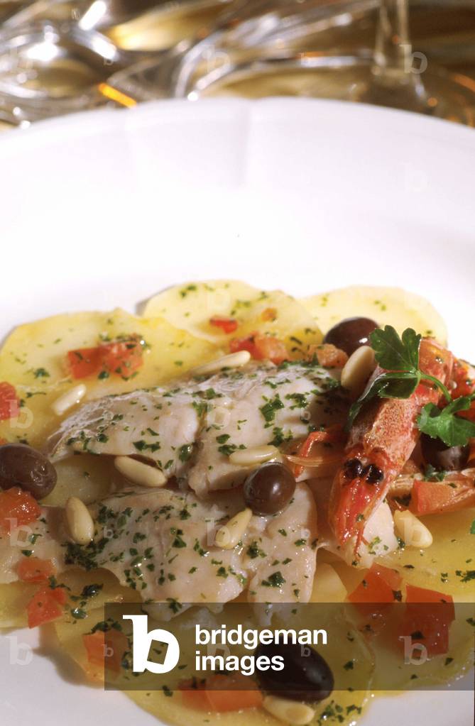 Grouper with tomato and basil, Camogli, Liguria, Italy