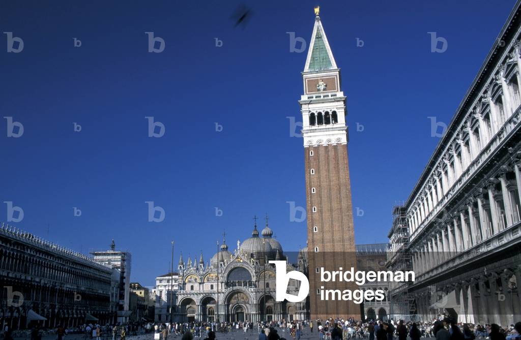 Foreshortening of San Marco bell tower and cathedral, Venice, Veneto, Italy