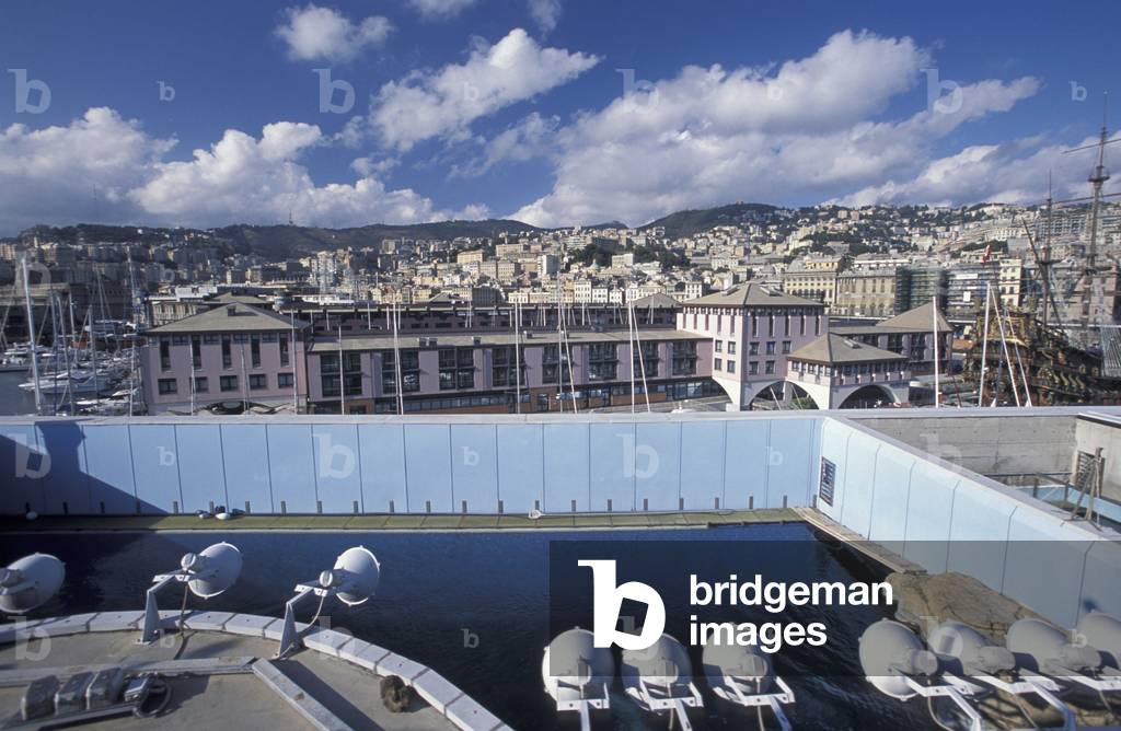 View over the city from above the dolphins' tank, The largest Aquarium in Europe, Genoa, Liguria, Italy