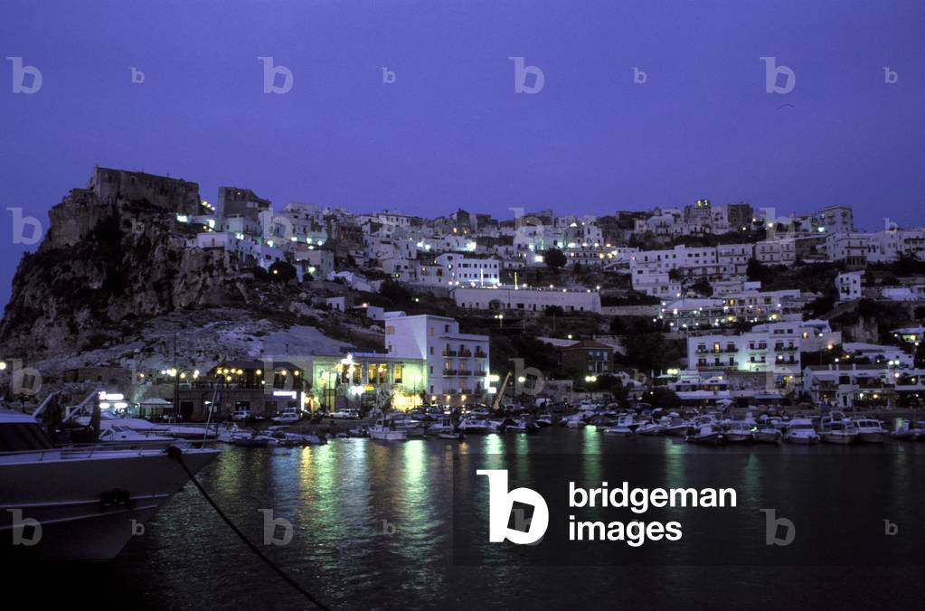Cityscape of Peschici by night, National park of Gargano, Foggia, Puglia, Italy.