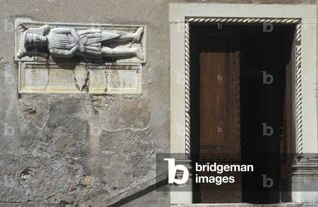 Giovanni Teupone sepulchral relief, Façade of cathedral, Feltre, Veneto, Italy