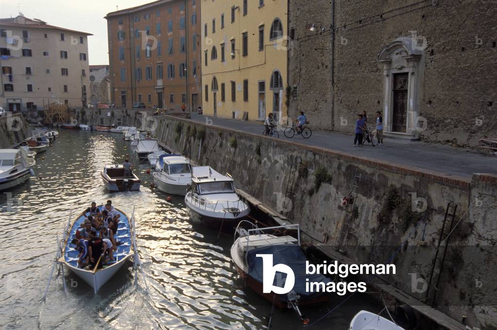Harbour in a canal, Livorno, Tuscany, Italy