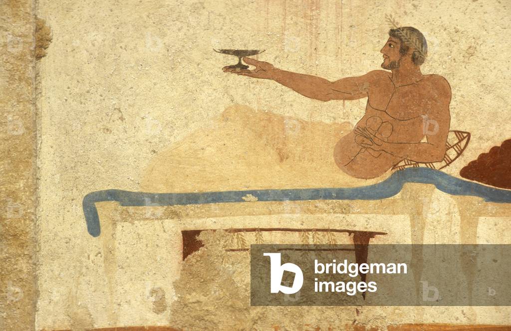 Greek Art: Fresco of the Tomb of the Diver, Paestum, Region of Campagnie, Italy. Banquet scene. Tomba del Tuffatore, mural, Paestum archaeological park, Campania, Italy