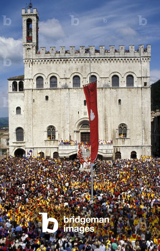 Crowd in Piazza del Comune, La Corsa dei Ceri feast on 15th of May, Gubbio, Umbria, Italy