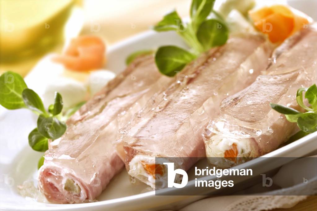 Roulade of ham with English salad in aspic, Italy