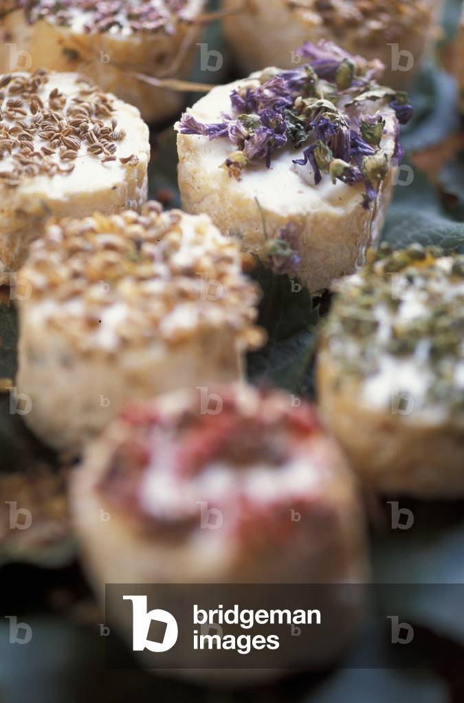 Crostini with robiola, herbs and nut, Roccaverano, Piedmont, Italy