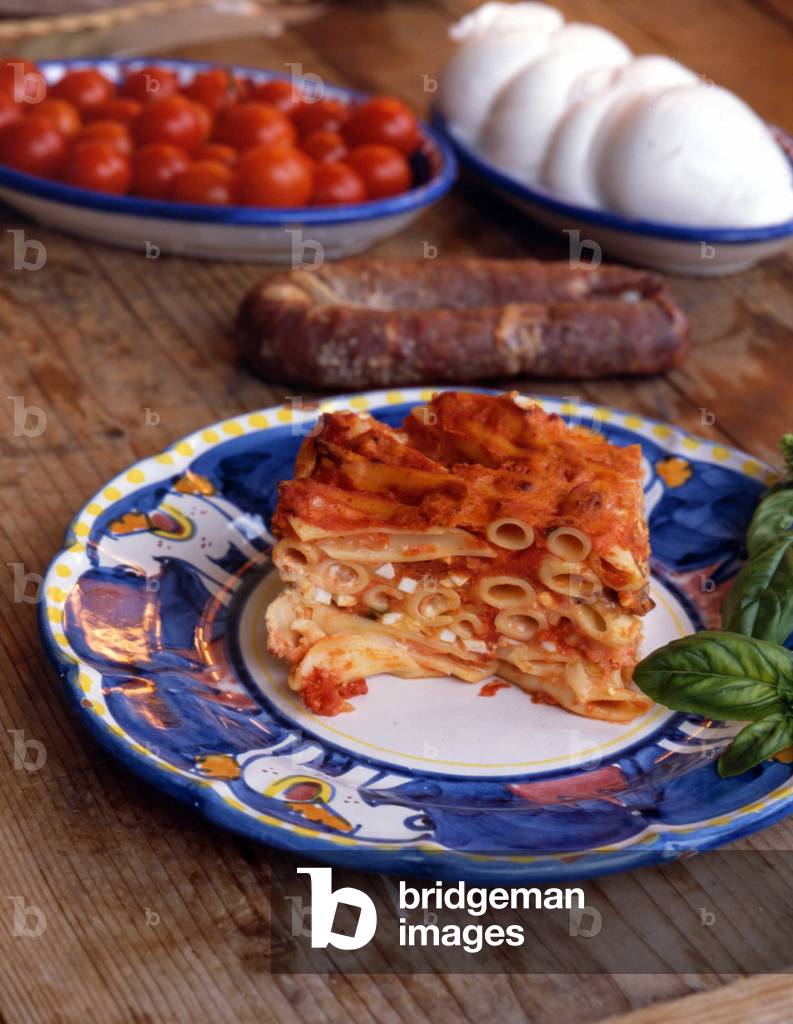 Baked pasta with mozzarella di bufala, Italy