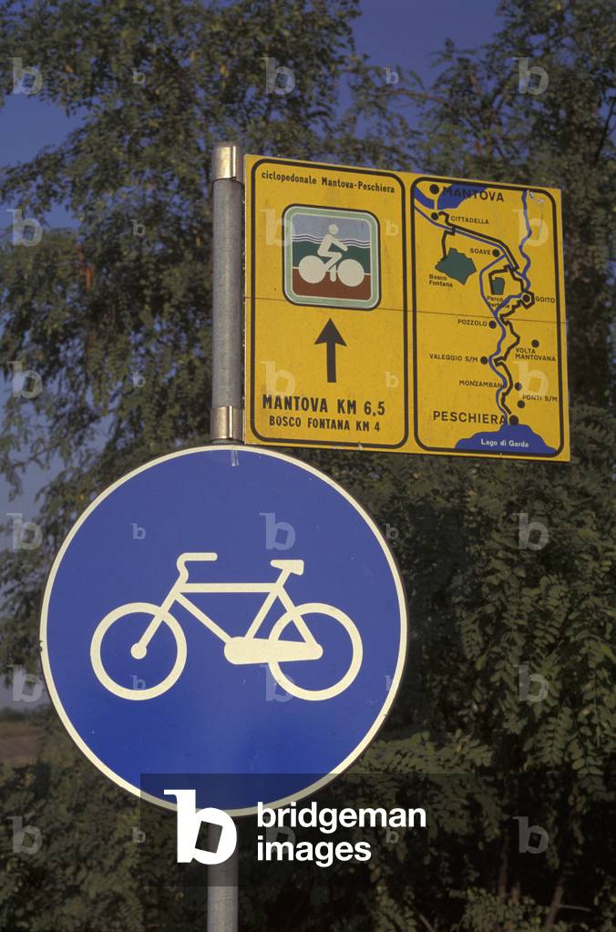 Signs of cycleway along Mincio River, Lombardy, Italy