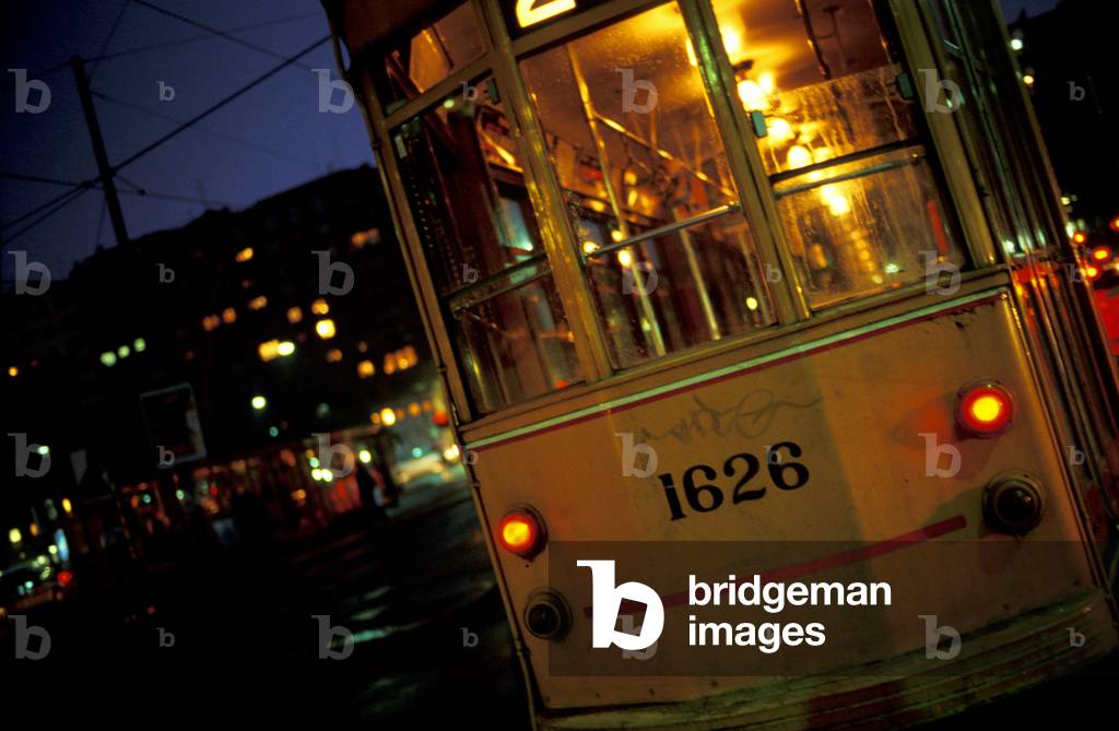 Tram in Piazza della Rapubblica, Milan, The night tramlines, Lombardy, Italy