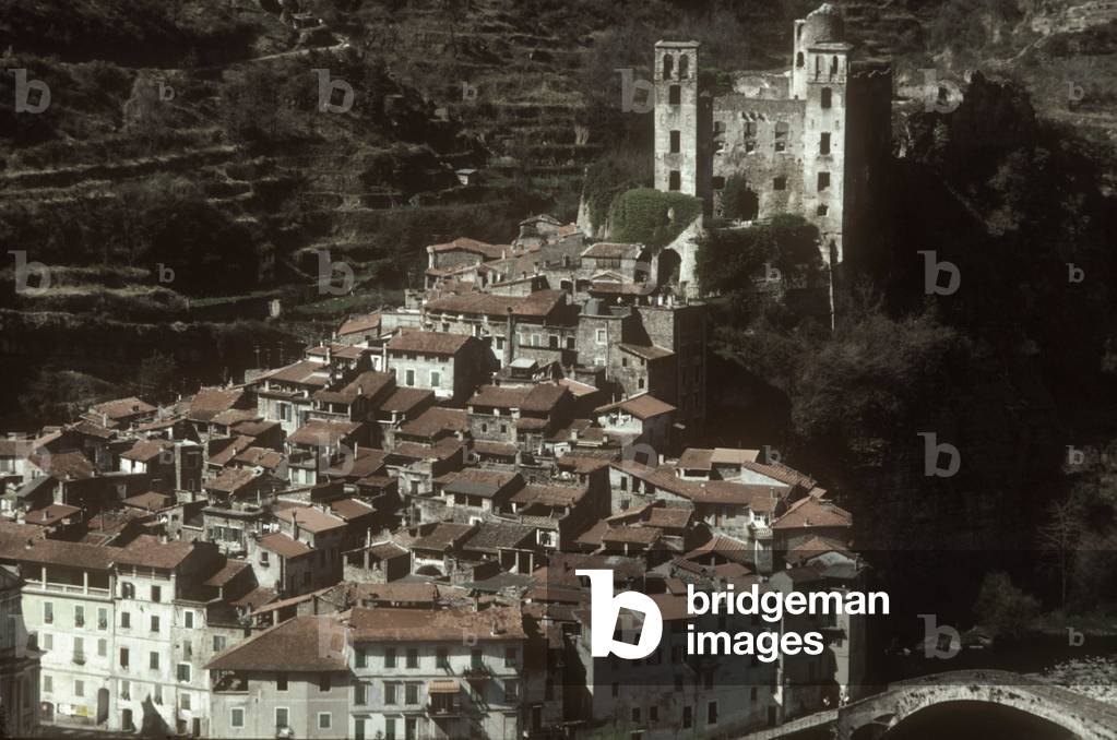 View of Dolceacqua in an old photo, Liguria, Italy