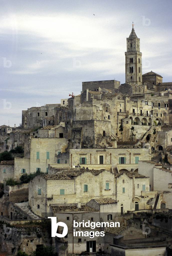 Cityscape with the bell tower of the cathedral, Matera, Basilicata, Italy