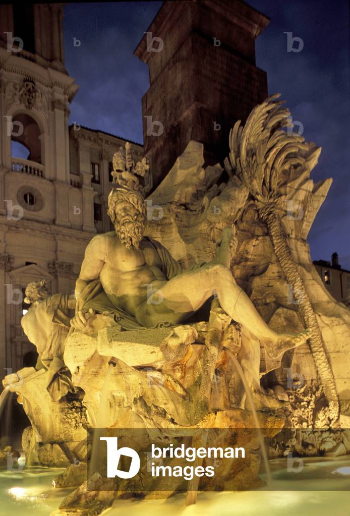 Throat statue, Fontana dei Fiumi, Navona square, Rome, Lazio, Italy