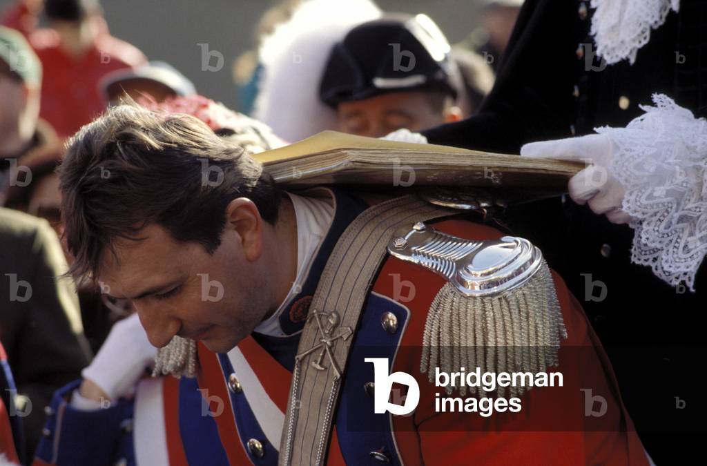 Signature on the minutes of the ceremony, Traditional carnival, Ivrea, Piemonte, Italy