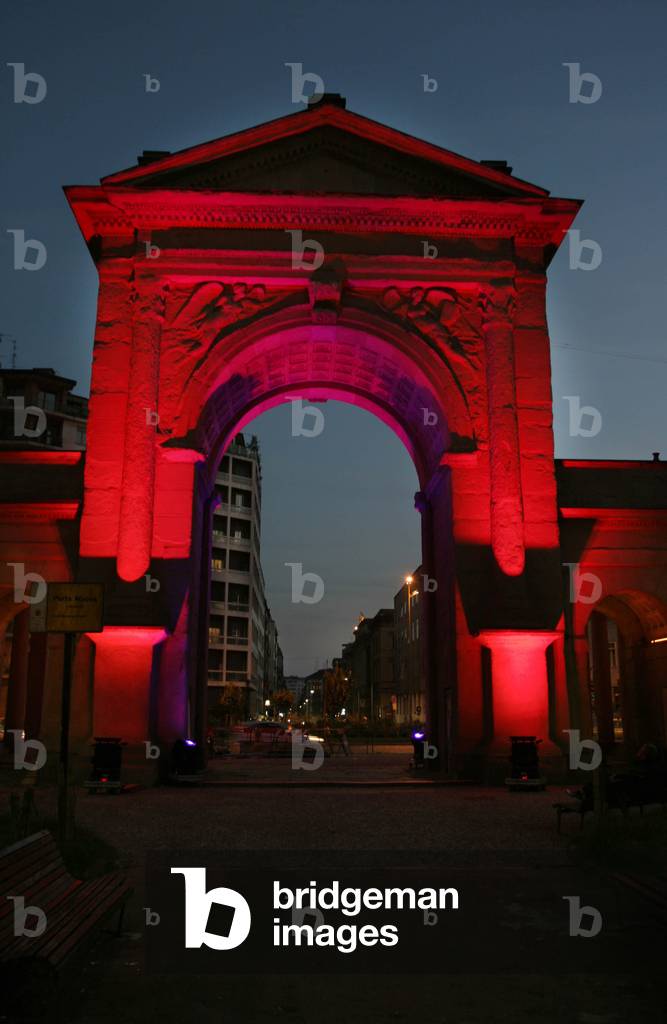 Porta Nuova illuminated for fashion week, Milan, Lombardy, Italy