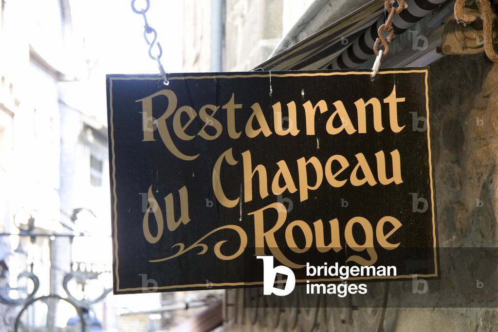 Red Cap Restaurant sign, Mount Saint Michael, Normandy, France, Europe