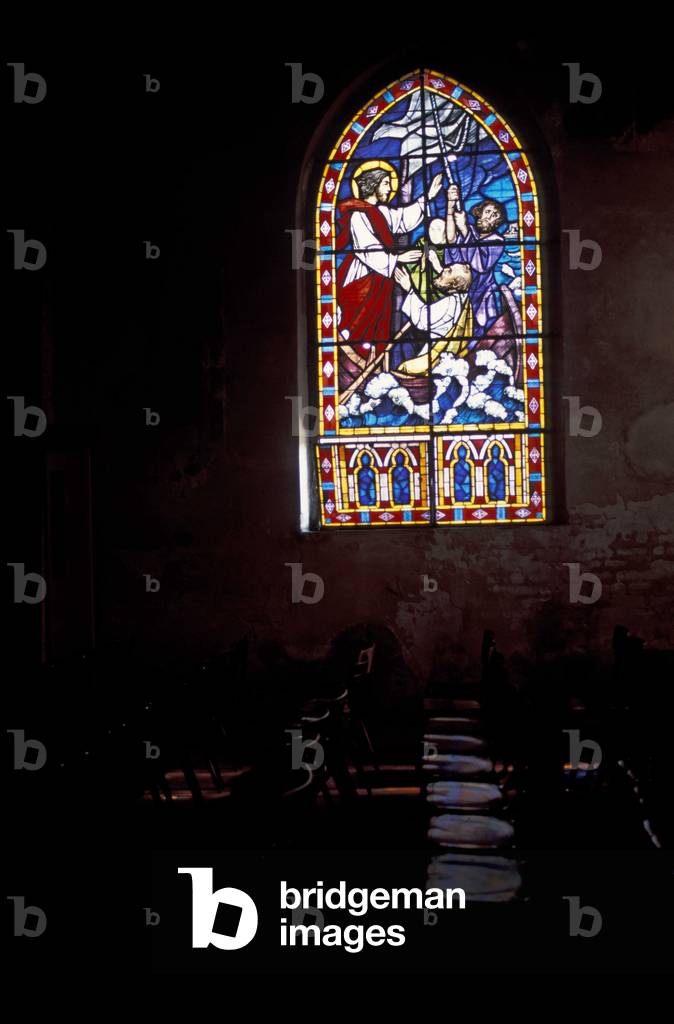 Glass window, San Cristoforo church, Naviglio Grande, Milan, Lombardy, Italy.