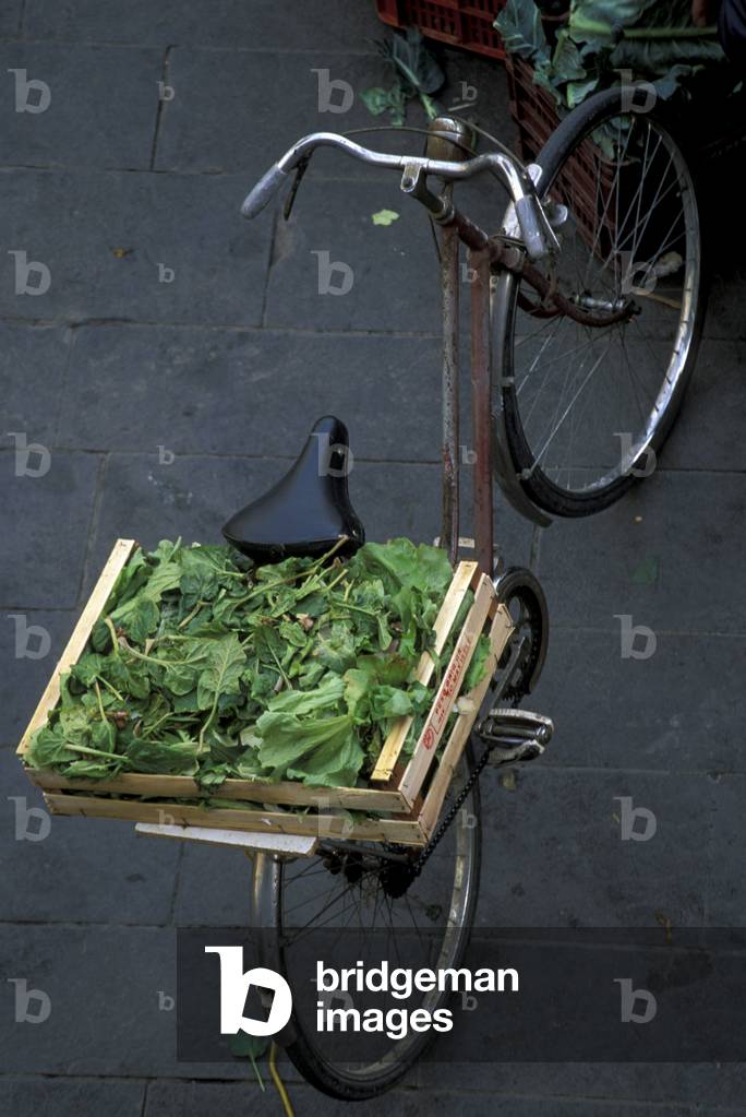 Bike with box of vegetables, Piazza Cavallotti, Livorno, Tuscany, Italy