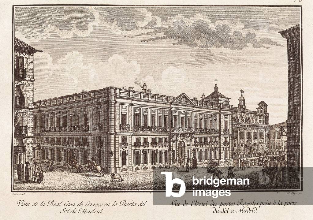 Madrid (19th c.). Real Casa de Correos (Royal Mail House) in Puerta del Sol. Etching. SPAIN. MADRID (AUTONOMOU