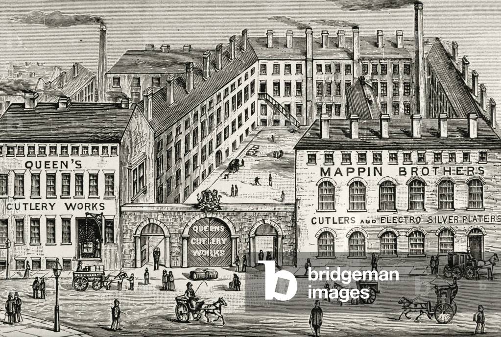 Immagine di Incisione "Veduta della fabbrica di posate Mappin Brothers a Londra. Dettaglio dell'annuncio del 1