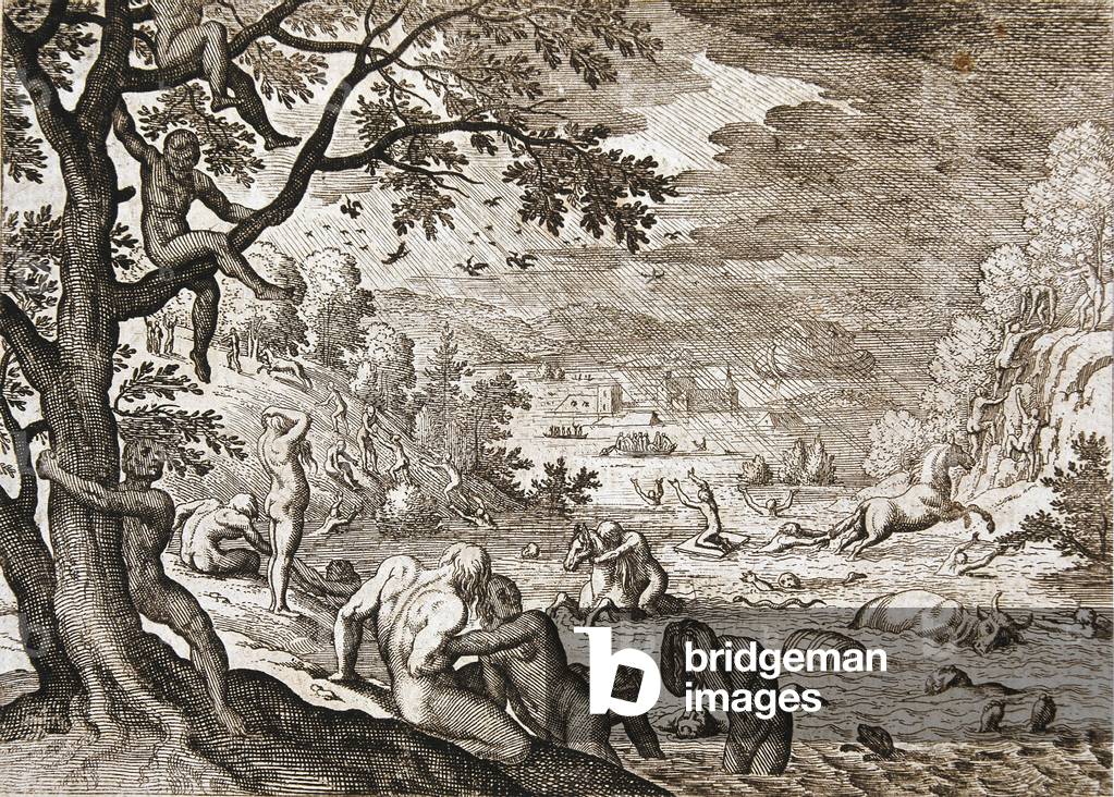 Un mito dell'alluvione o il mito del diluvio. Illustrazione della «Biblia Sacra», 1704 (incisione)