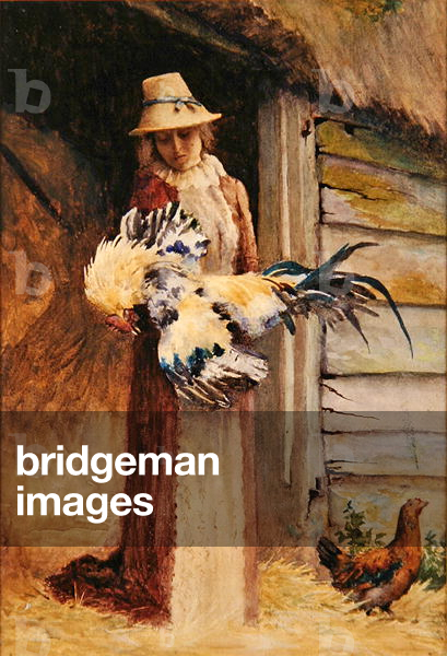 A Woman holding a Cockerel (w/c on paper)