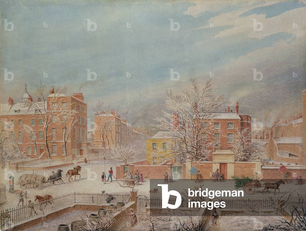 Marylebone Road all'incrocio con Lisson Grove e Stingo Lane che mostra la scuola filologica in inverno, 1849 (