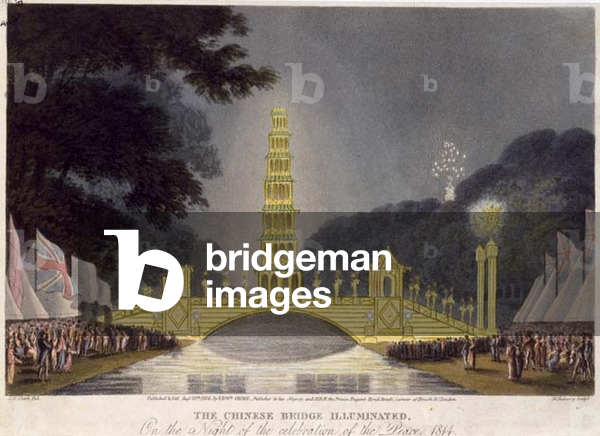 il cinese ponte illuminato sulla notte della celebrazione della pace, 1814, inciso da Matthew Dubourg (fl.1785