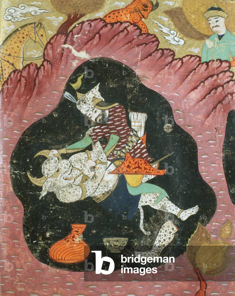 Immagine di Dipinto "Rostam uccidendo il Demone Bianca in una grotta", 1619 di Persian School