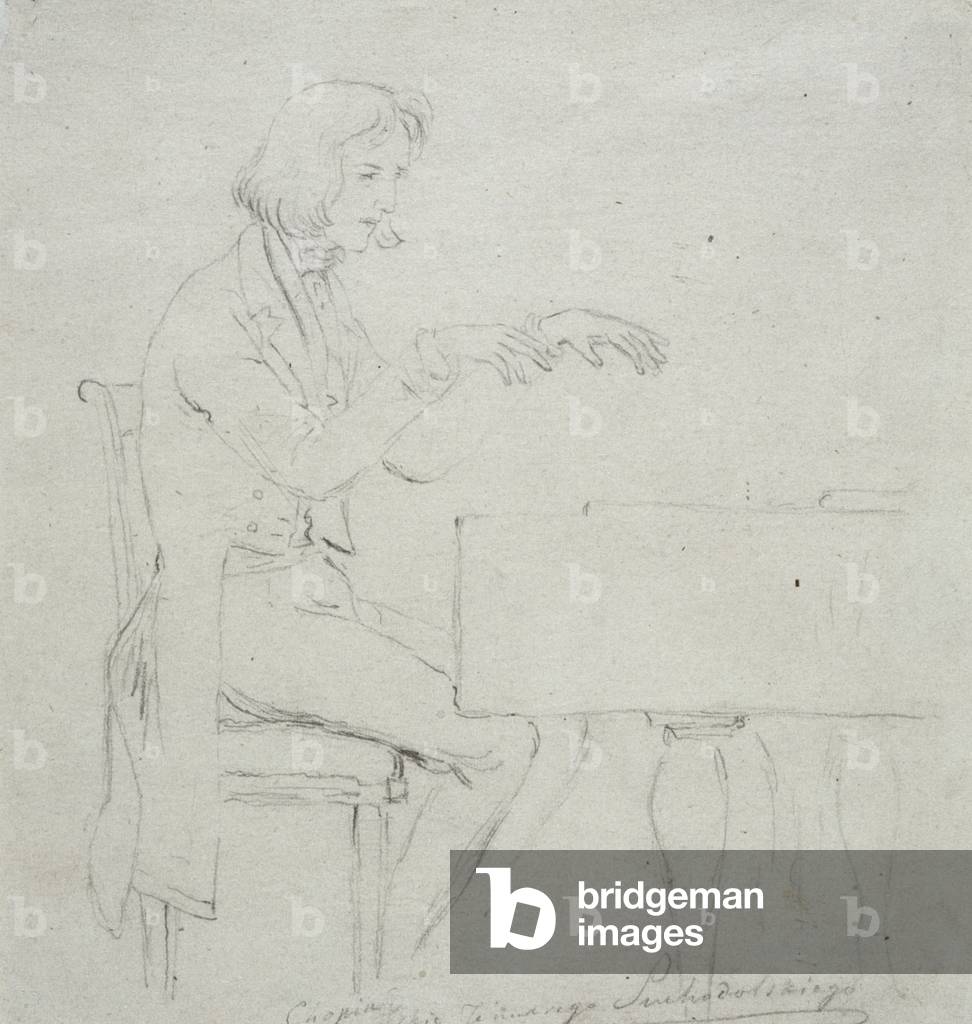 Frederic Chopin (1810-49) am Grand Piano (Bleistift auf Papier)