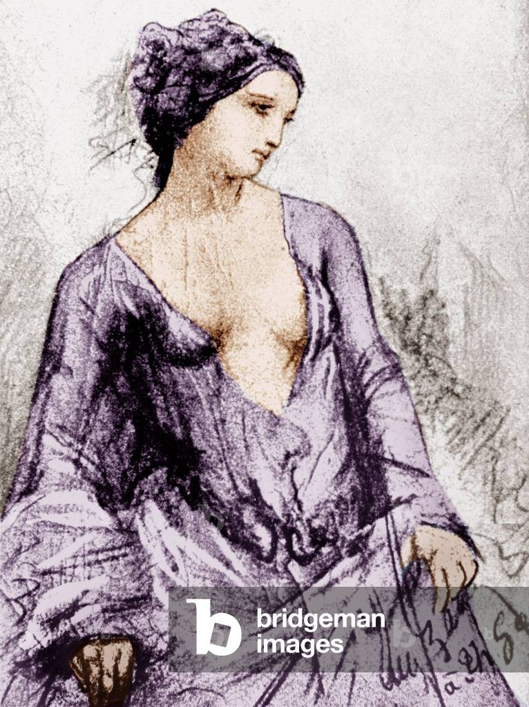 Portrait of Apollonie Sabatier who was Baudelaire's mistress in 1852, drawing, colourized document