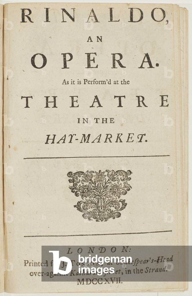 Title page from the libretto of Handel's opera 'Rinaldo', by Giacomo Rossi, 1717 (print)
