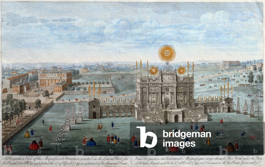 A Perspective View of the Magnificent Structure erected in the Green Park for the Royal Fireworks, pub. by Robert Wilkinson, 1749 (coloured engraving)