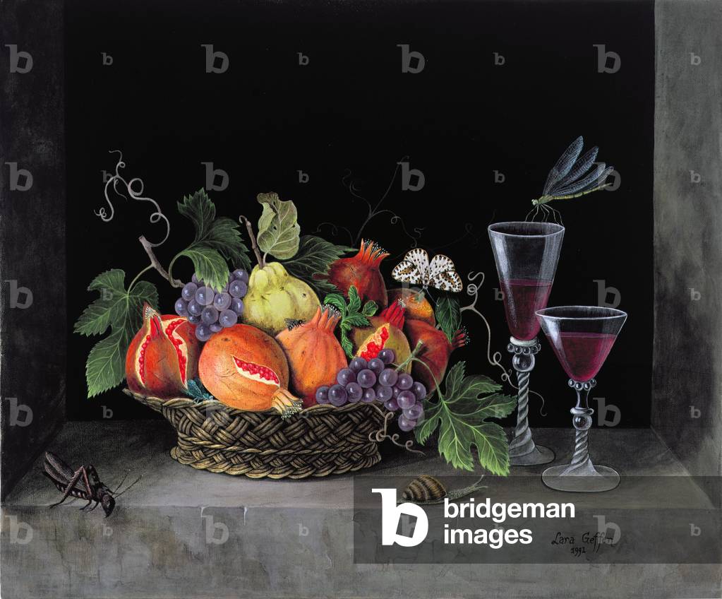 Still Life of a Basket of Fruit and Two Glasses of Wine, 1991