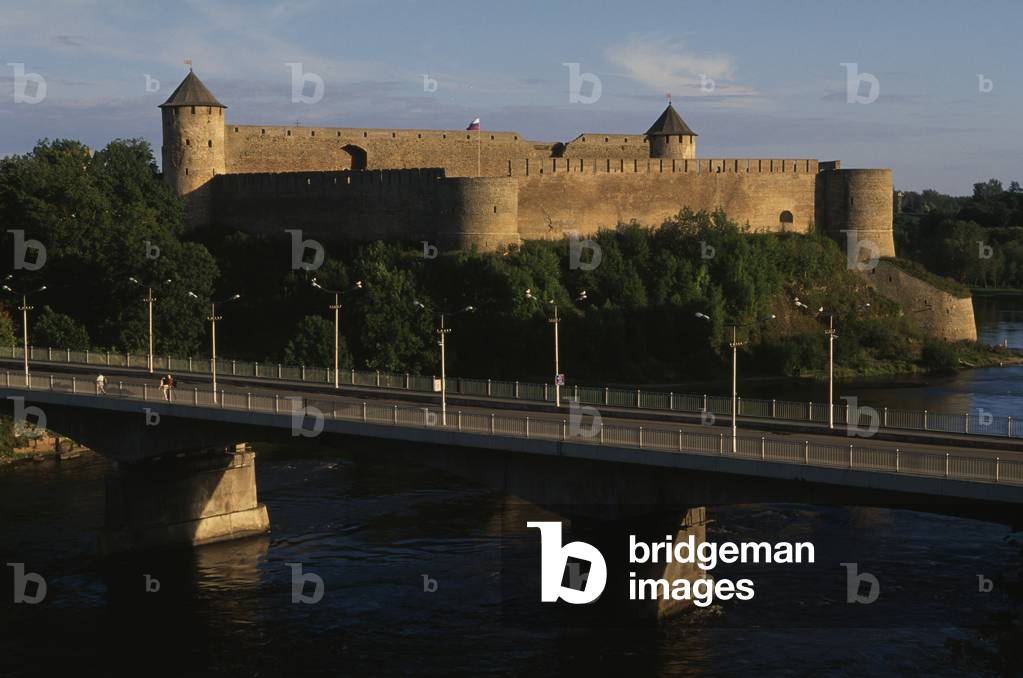 Ivangorod Fortress, 1492, on Narva river seen from border with Estonia, Russia
