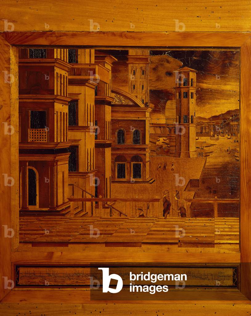 16th century tarsia, depicting a medieval city. Studiolo, Ducal Palace, Mantua (UNESCO World Heritage List, 2008). Italy, 16th century.