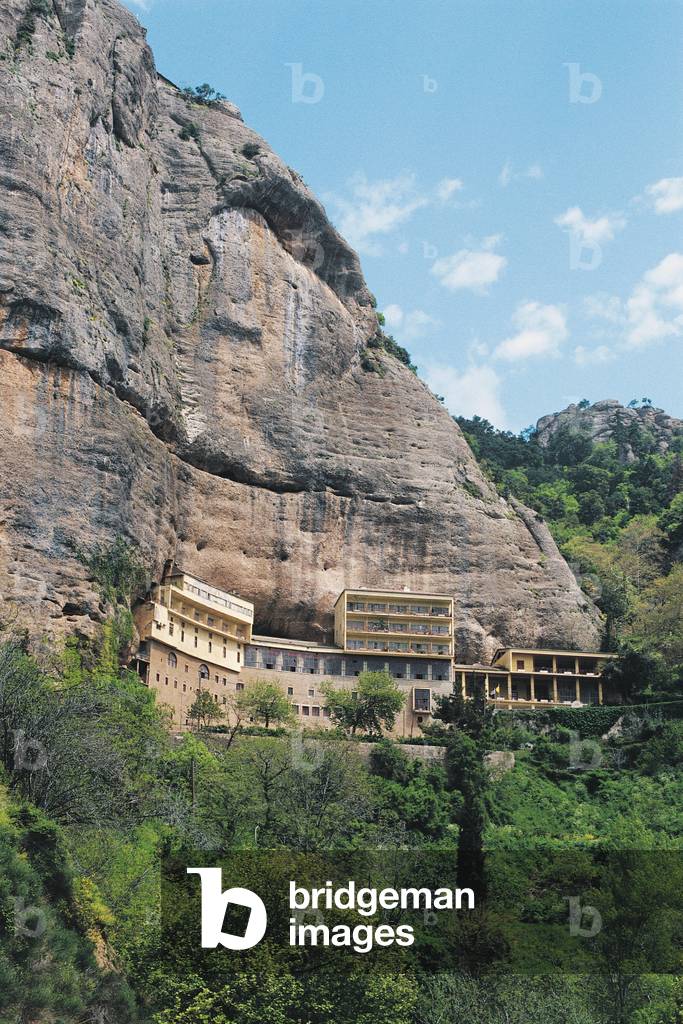 Mega Spileo Monastery seen from the Diakofto-Kalavrita railway, Peloponnese, Greece