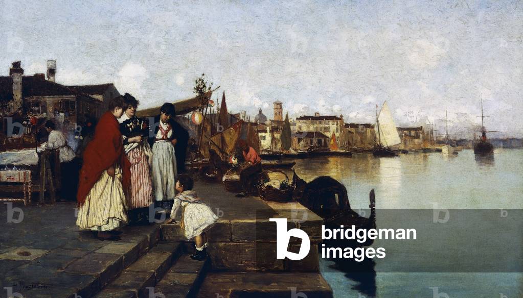 Zattere foundations in Venice, by Pietro Fragiacomo (1856-1922), oil on canvas, 58x100 cm