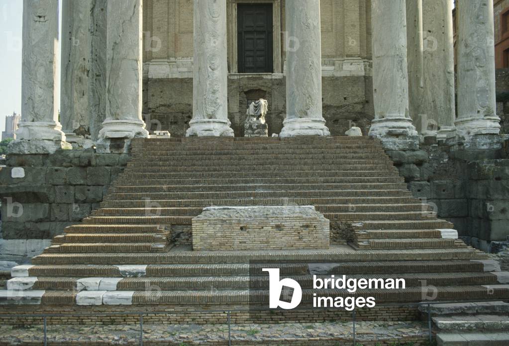 Staircase of the Temple of Antoninus and Faustina, Roman Forum, Historic center of Rome (Unesco World Heritage List, 1980), Lazio, Italy, Roman civilization, 2nd century