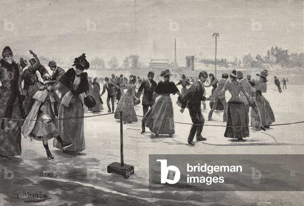 Men, women and children ice-skating at the Arena Civica, Milan, Italy, engraving from drawing by Bonamore from L'Illustrazione Italiana, year 18, no 4, January 25, 1891