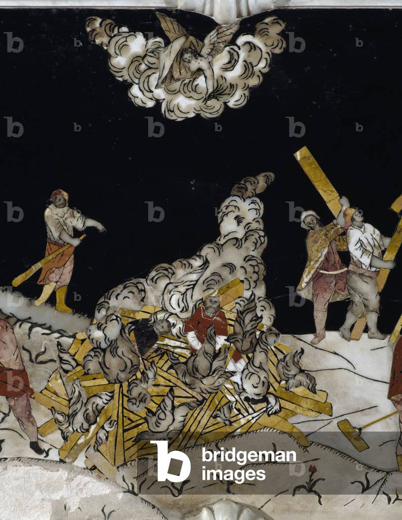 Stories of martyrs of Aunania, 17th century, polychrome marble intarsia, detail of the altar in the Basilica of Saints Sisinio, Martirio and Alessandro, San Zeno di Trento, Trentino-Alto Adige, Italy.