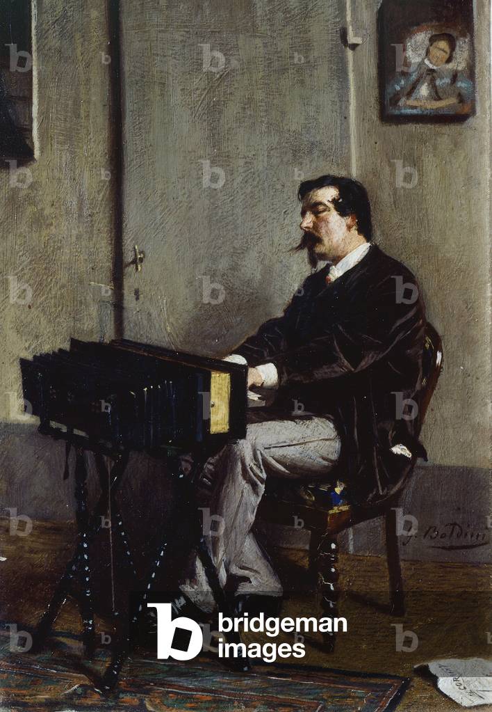 Painter Cristiano Banti at harmonium by Giovanni Boldini (1842-1931), oil on canvas, 28x19 cm, 1865-1866