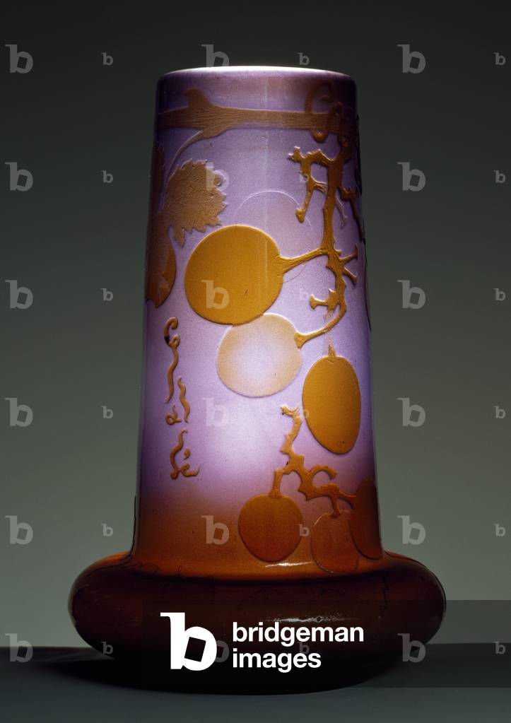 Purple cameo glass vase with globular base and cylindrical neck with grape engravings, by Emile Galle, 1900, Nancy, France, 19th century