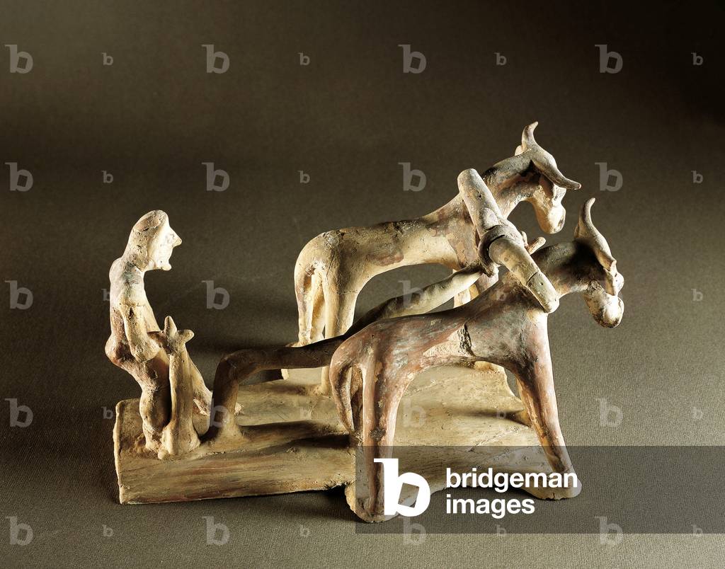 Man with a plow pulling oxen, terracotta statue from Boeotia, Greece