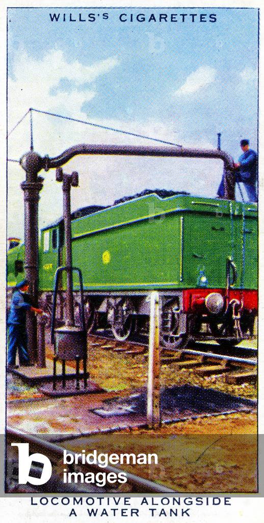 Locomotive alongside a water tank, 1938 (litho)