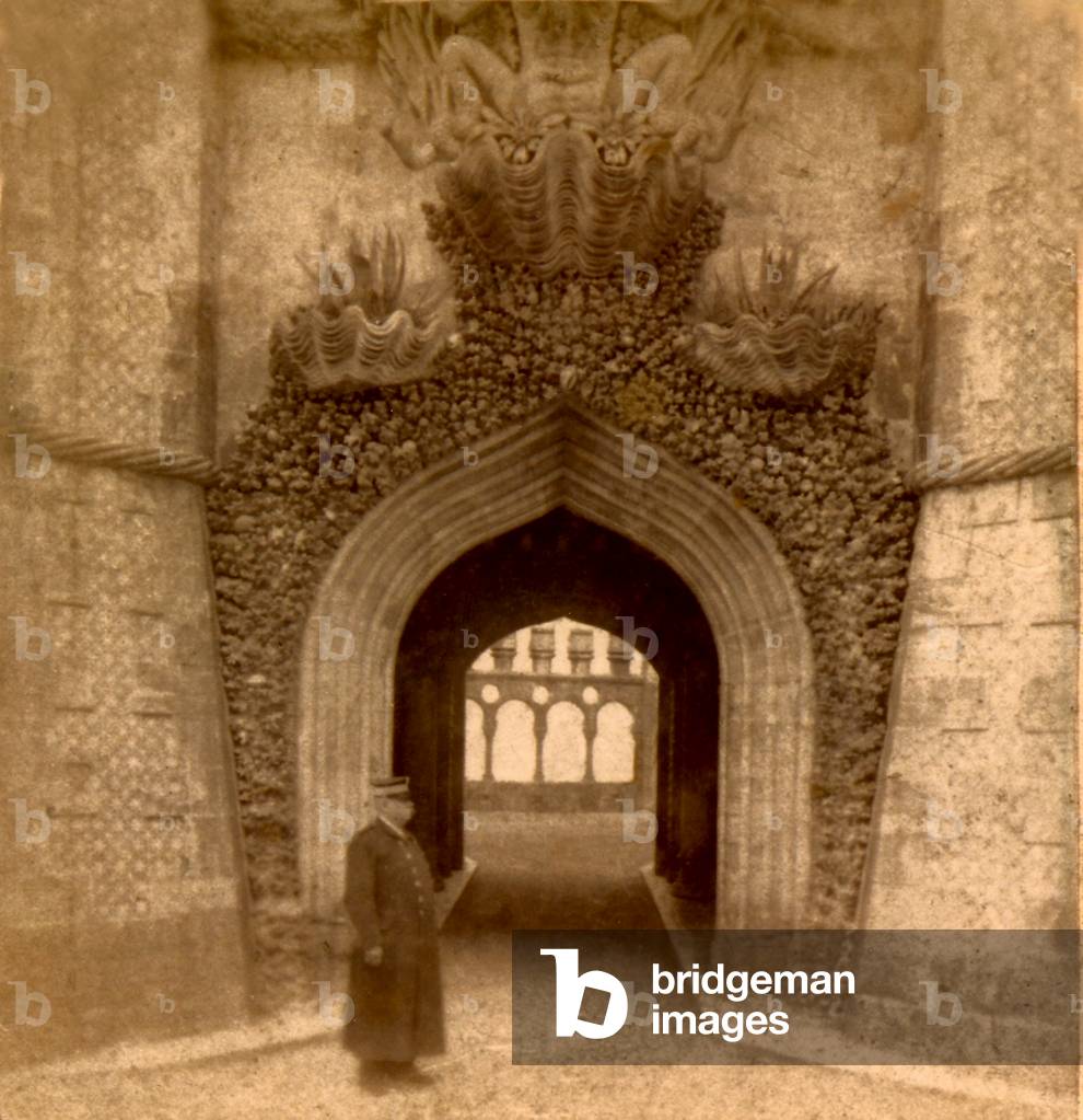 Guard outside the entrance to the Palace of Pena (Palacio da Pena), Sintra, Lisbon, Portugal  c.1888 (photo)